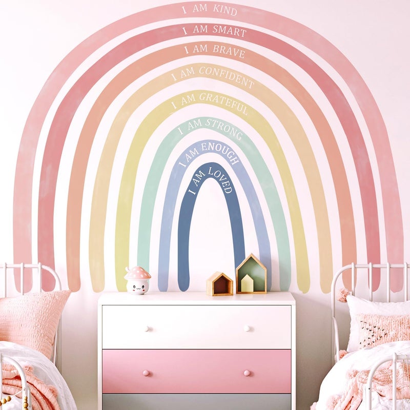 Kingarch Large Watercolor Rainbow Wall Decals with Inspirational Quote, Colorful Peel and Stick Fabric Nursery Wall Decor, Removable Home Room Wall Murals Stickers for Kids Girls Toddler Bedroom Playroom - Image 1